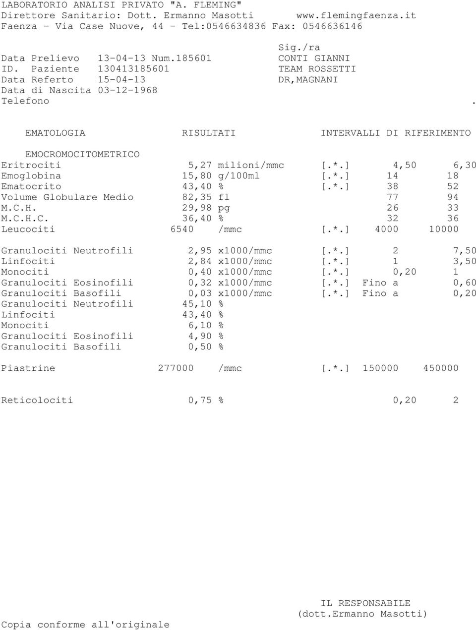 ] 4,50 6,30 Emoglobina 15,80 g/100ml [.*.] 14 18 Ematocrito 43,40 % [.*.] 38 52 Volume Globulare Medio 82,35 fl 77 94 M.C.H. 29,98 pg 26 33 M.C.H.C. 36,40 % 32 36 Leucociti 6540 /mmc [.*.] 4000 10000 Granulociti Neutrofili 2,95 x1000/mmc [.