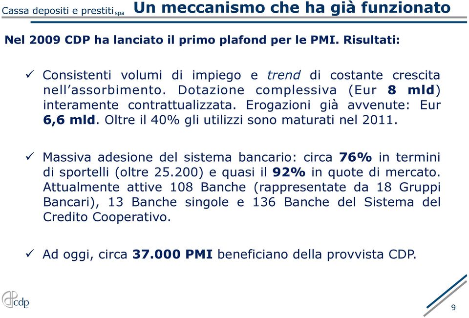 Erogazioni già avvenute: Eur 6,6 mld. Oltre il 40% gli utilizzi sono maturati nel 2011.