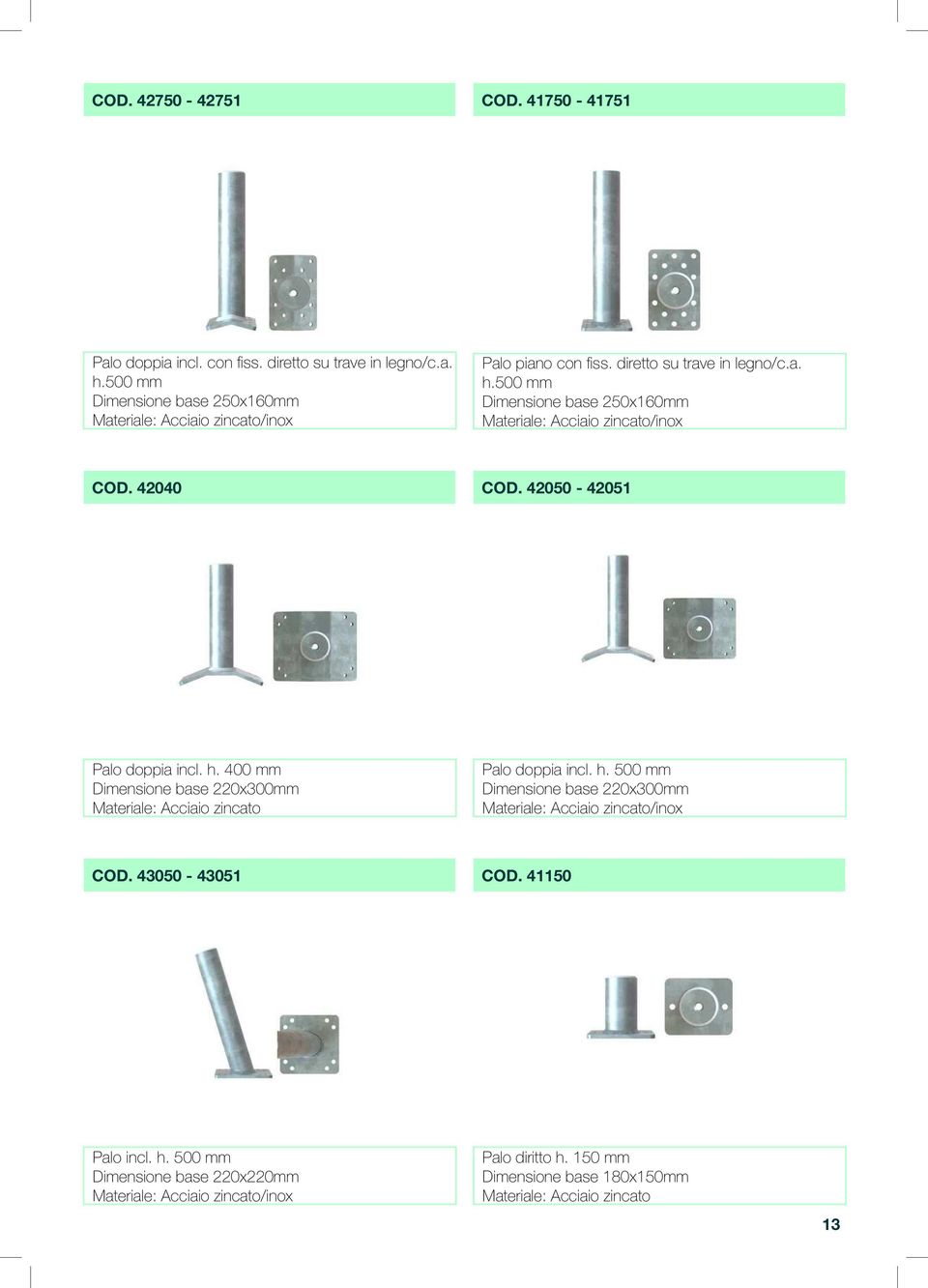 500 mm Dimensione base 250x160mm /inox COD. 42040 COD. 42050-42051 Palo doppia incl. h.