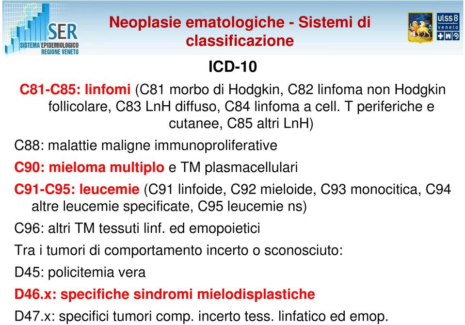T periferiche e cutanee, C85 altri LnH) C88: malattie maligne immunoproliferative C90: mieloma multiplo e TM plasmacellulari C91-C95: leucemie (C91 linfoide,