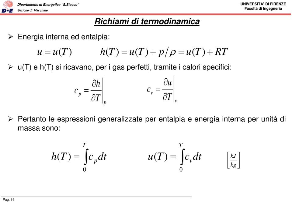 c p = h T p Pertanto le espressioni generalizzate per entalpia e energia interna per