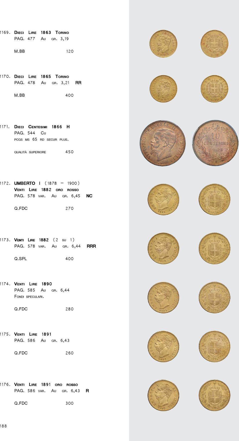 6,45 NC Q.FDC 270 1882 (2 SU 1) PAG. 578 VAR. AU GR. 6,44 RRR 1173. VENTI Q.SPL 400 1890 PAG. 585 AU GR. 6,44 FONDI SPECULARI. 1174.