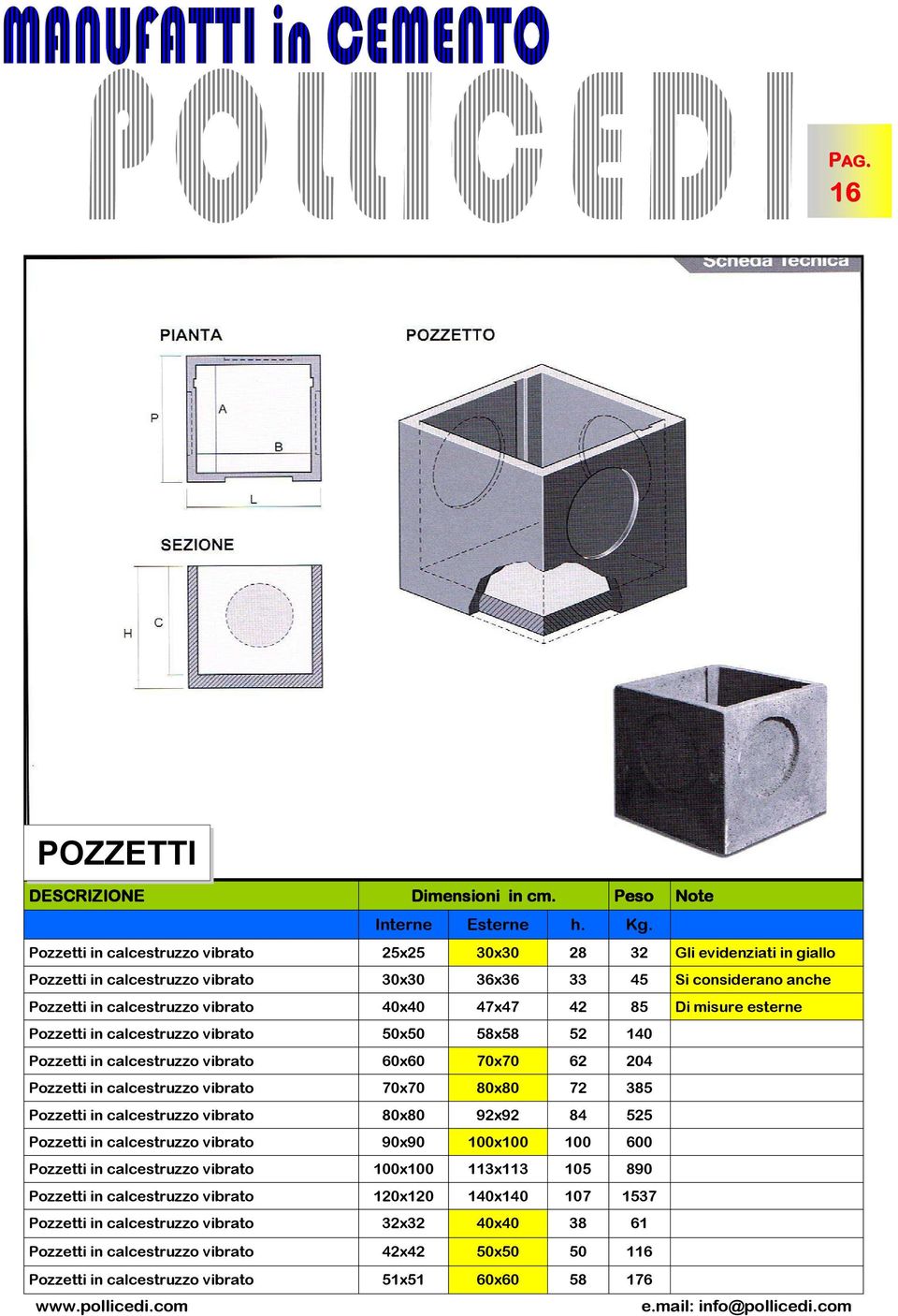 85 Di misure esterne Pozzetti in calcestruzzo vibrato 50x50 58x58 52 140 Pozzetti in calcestruzzo vibrato 60x60 70x70 62 204 Pozzetti in calcestruzzo vibrato 70x70 80x80 72 385 Pozzetti in