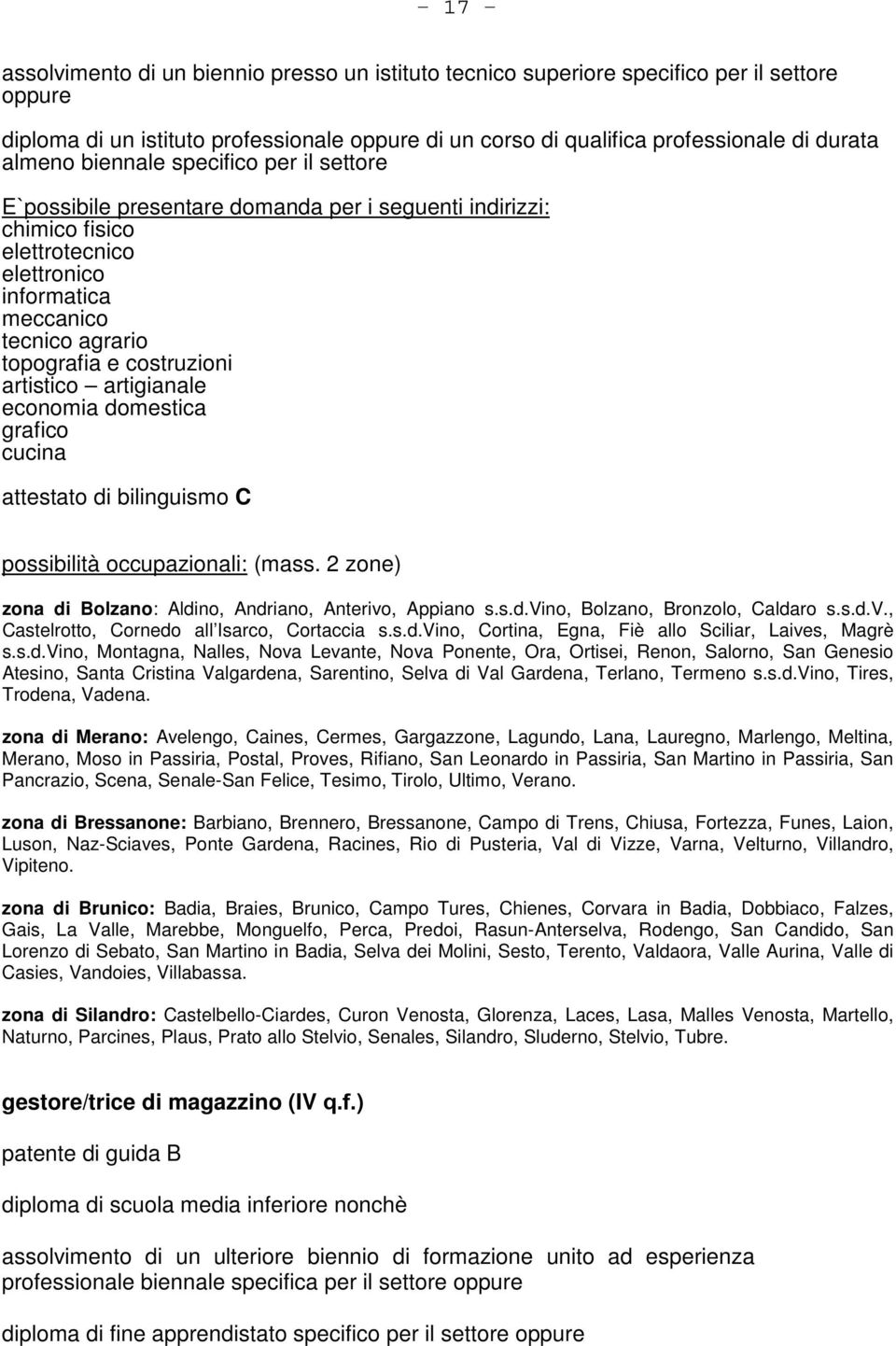 costruzioni artistico artigianale economia domestica grafico cucina attestato di bilinguismo C possibilità occupazionali: (mass. 2 zone) zona di Bolzano: Aldino, Andriano, Anterivo, Appiano s.s.d.vino, Bolzano, Bronzolo, Caldaro s.