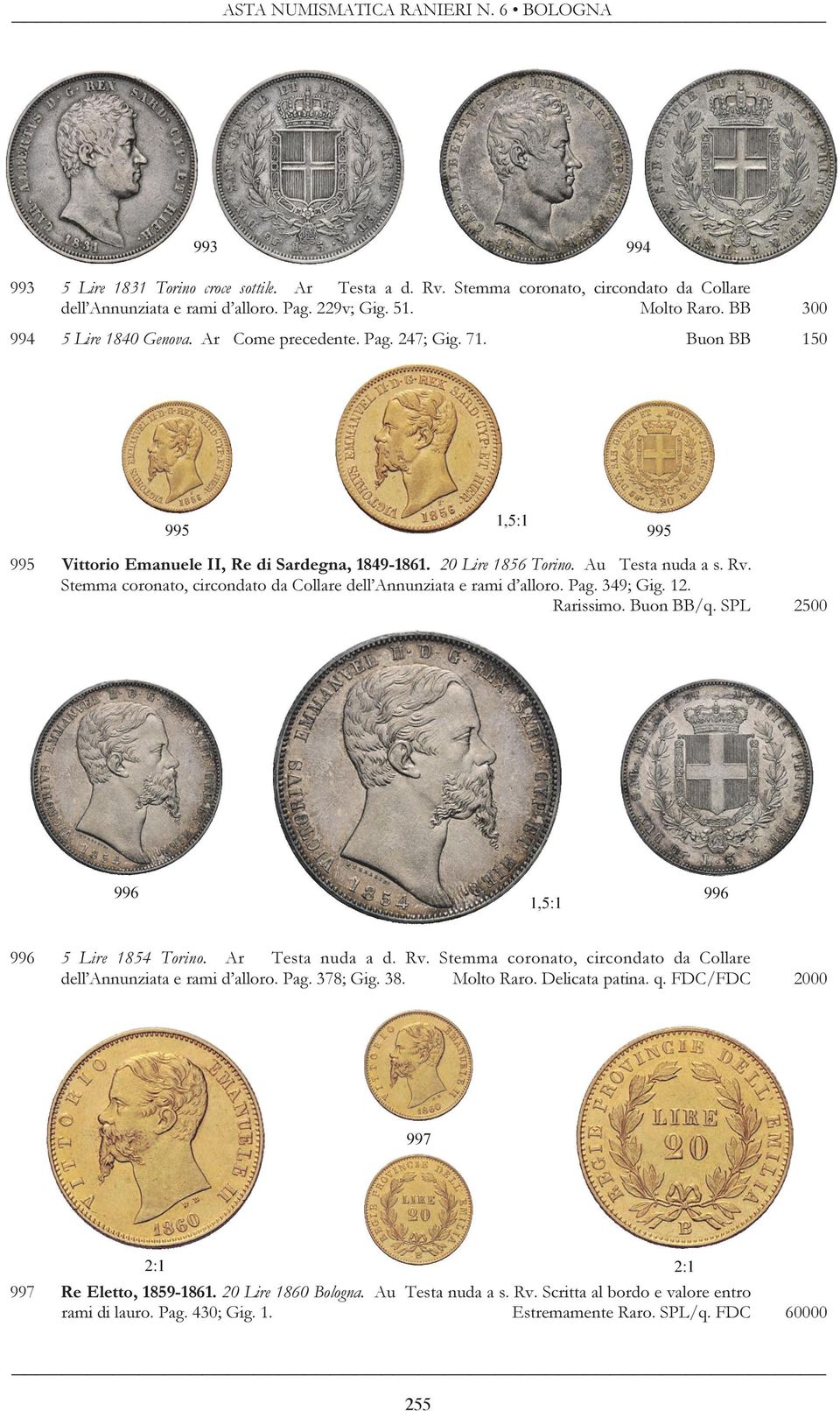 Stemma coronato, circondato da Collare dell Annunziata e rami d alloro. Pag. 349; Gig. 12. Rarissimo. Buon BB/q. SPL 2500 996 1,5:1 996 996 5 Lire 1854 Torino. Ar Testa nuda a d. Rv.