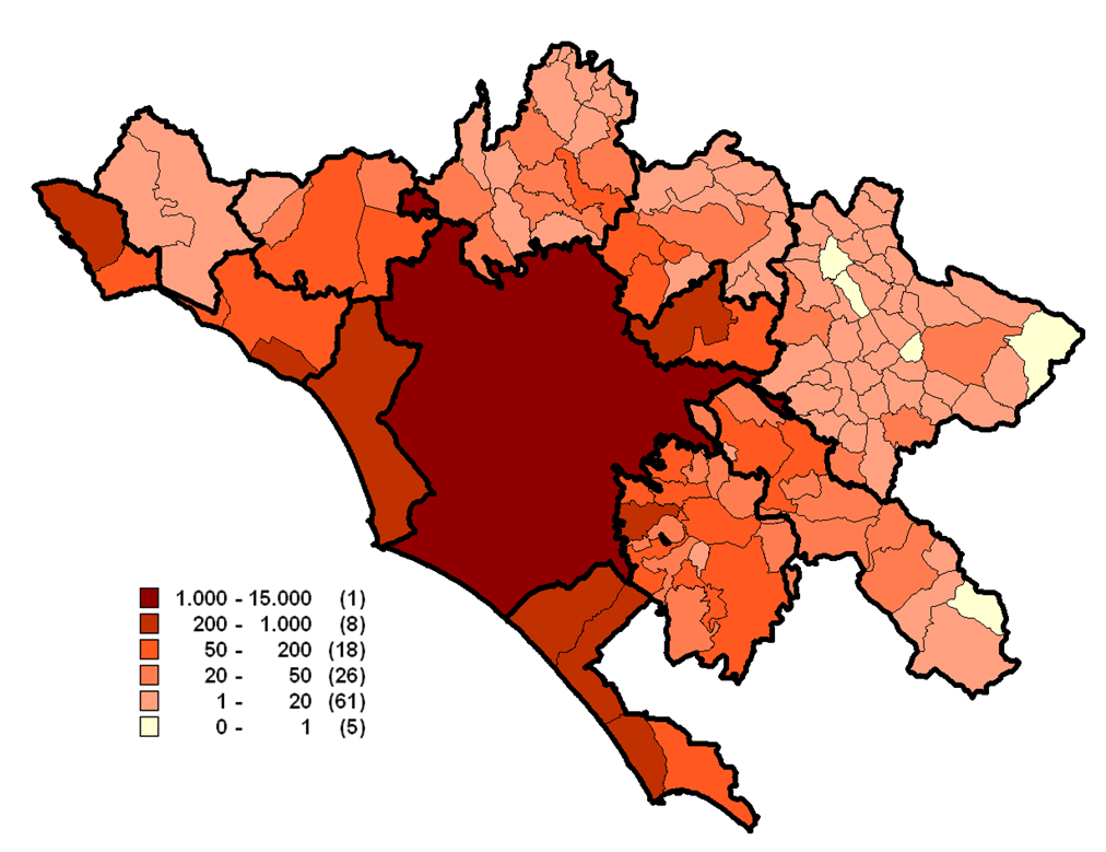 Figura 6: Mappa della distribuzione comunale I semestre Tabella 3: e variazioni % - macroarea Area Braccianese I sem Var % I sem Anguillara Sabazia 58
