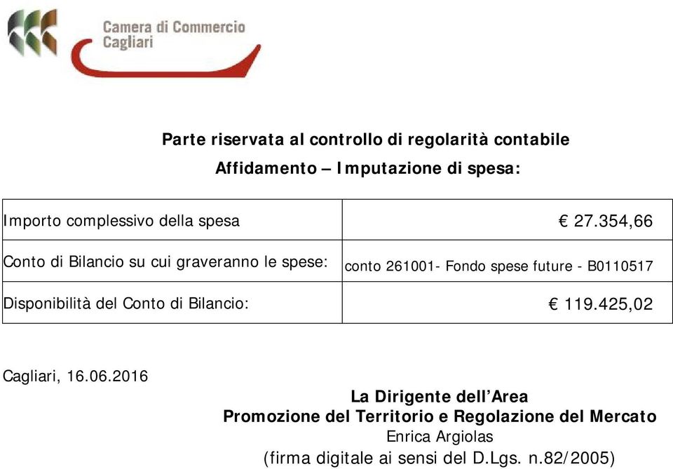 354,66 Conto di Bilancio su cui graveranno le spese: conto 261001- Fondo spese future - B0110517