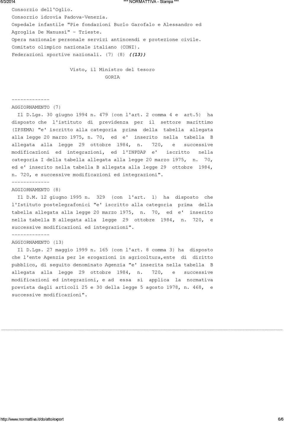 (7) (8) ((13)) Visto, il Ministro del tesoro GORIA AGGIORNAMENTO (7) Il D.Lgs. 30 giugno 1994 n. 479 (con l'art. 2 comma 4 e art.