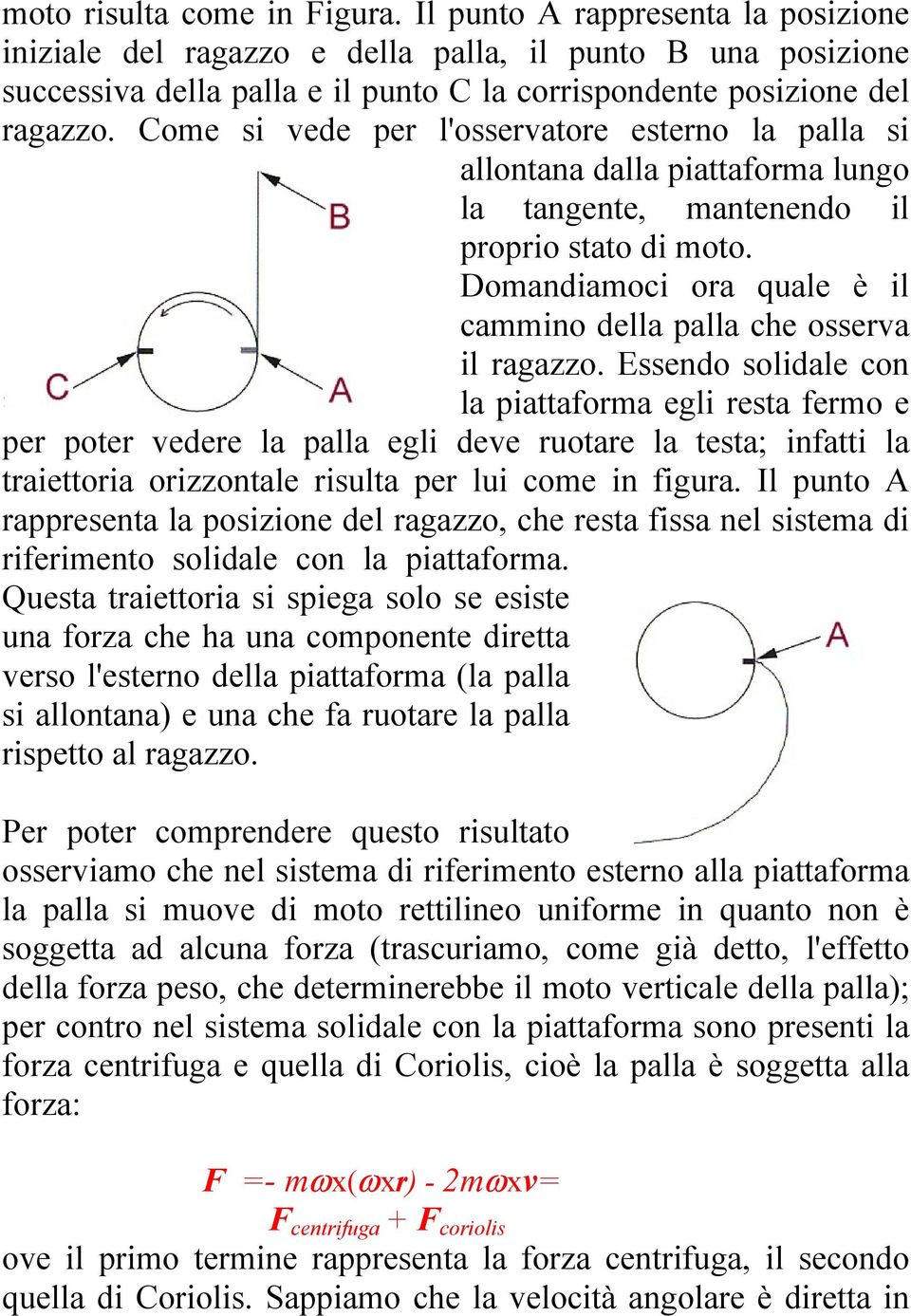 Come si vede per l'osservatore esterno la palla si allontana dalla piattaforma lungo la tangente, mantenendo il proprio stato di moto.