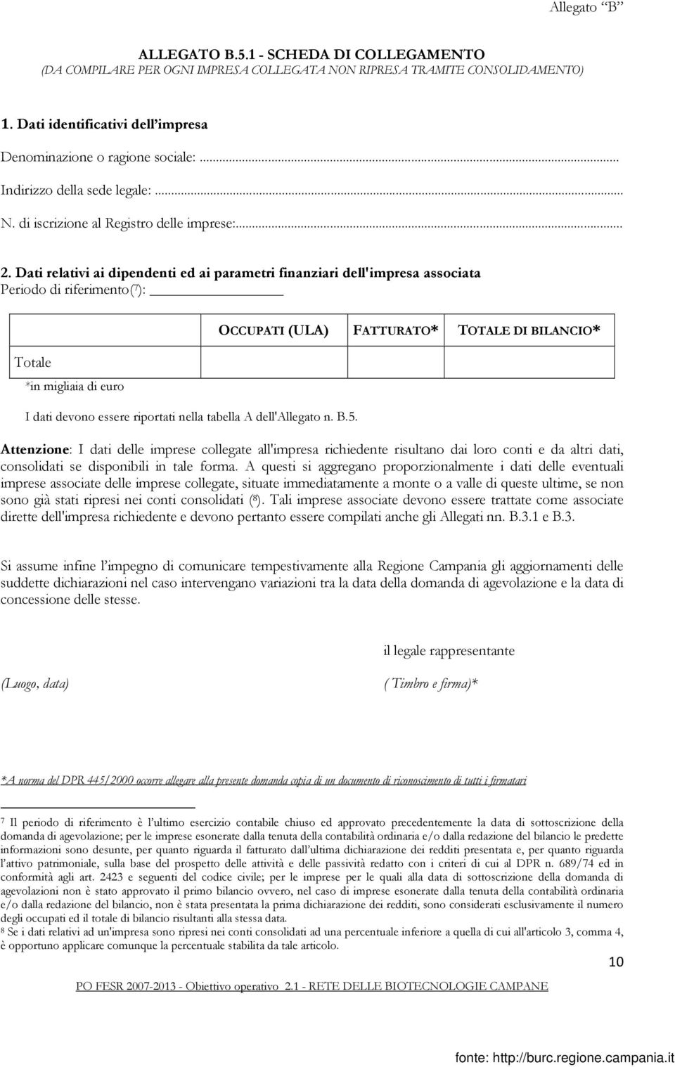 Dati relativi ai dipendenti ed ai parametri finanziari dell'impresa associata Periodo di riferimento( 7 ): *in migliaia di euro I dati devono essere riportati nella tabella A dell'allegato n. B.5.