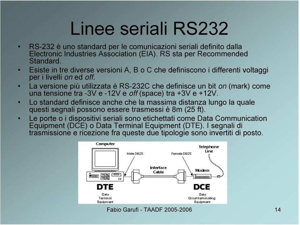 La versione più utilizzata è RS-232C che definisce un bit on (mark) come una tensione tra -3V e -12V e off (space) tra +3V e +12V.