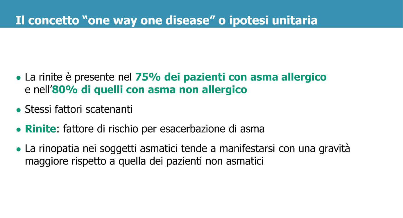 Asma e rinite allergica spesso coesistono: si stima infatti che la rinite sia presente nel 75% dei pazienti con asma allergico e nell 80% di quelli con asma non allergico.