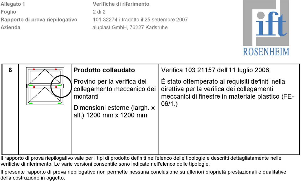 rapporto di prova riepilogativo vale per i tipi di prodotto definiti nell'elenco delle tipologie e descritti dettagliatamente nelle verifiche di riferimento Le varie versioni consentite