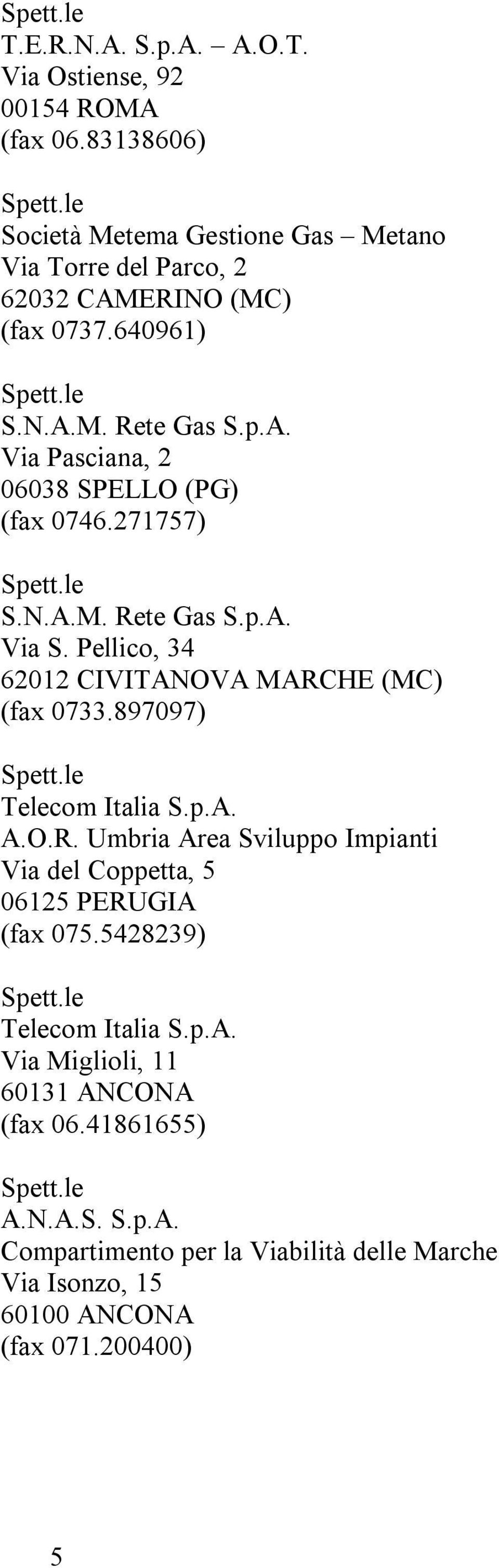 271757) S.N.A.M. Rete Gas S.p.A. Via S. Pellico, 34 62012 CIVITANOVA MARCHE (MC) (fax 0733.897097) Telecom Italia S.p.A. A.O.R. Umbria Area Sviluppo Impianti Via del Coppetta, 5 06125 PERUGIA (fax 075.