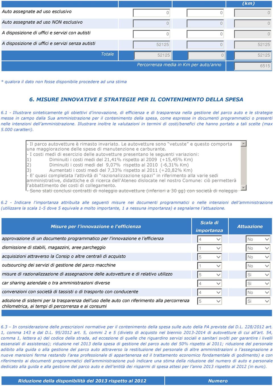 1 Illustrare sinteticamente gli obiettivi d innovazione, di efficienza e di trasparenza nella gestione del parco auto e le strategie messe in campo dalla Sua amministrazione per il contenimento della