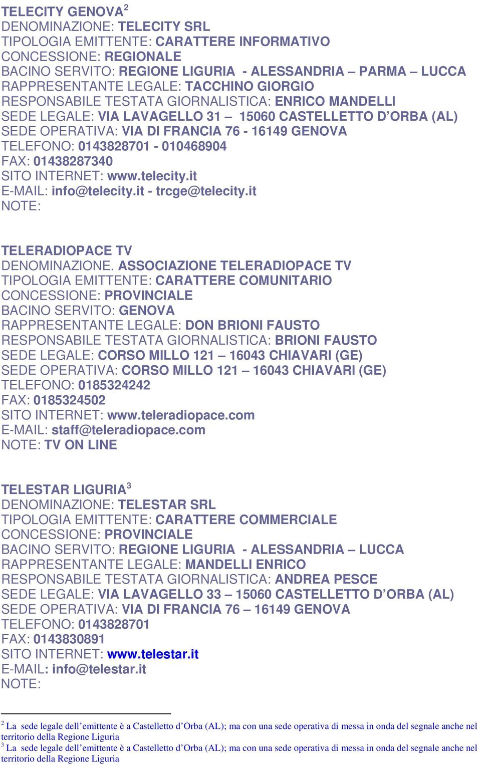 it E-MAIL: info@telecity.it - trcge@telecity.it TELERADIOPACE TV DENOMINAZIONE.