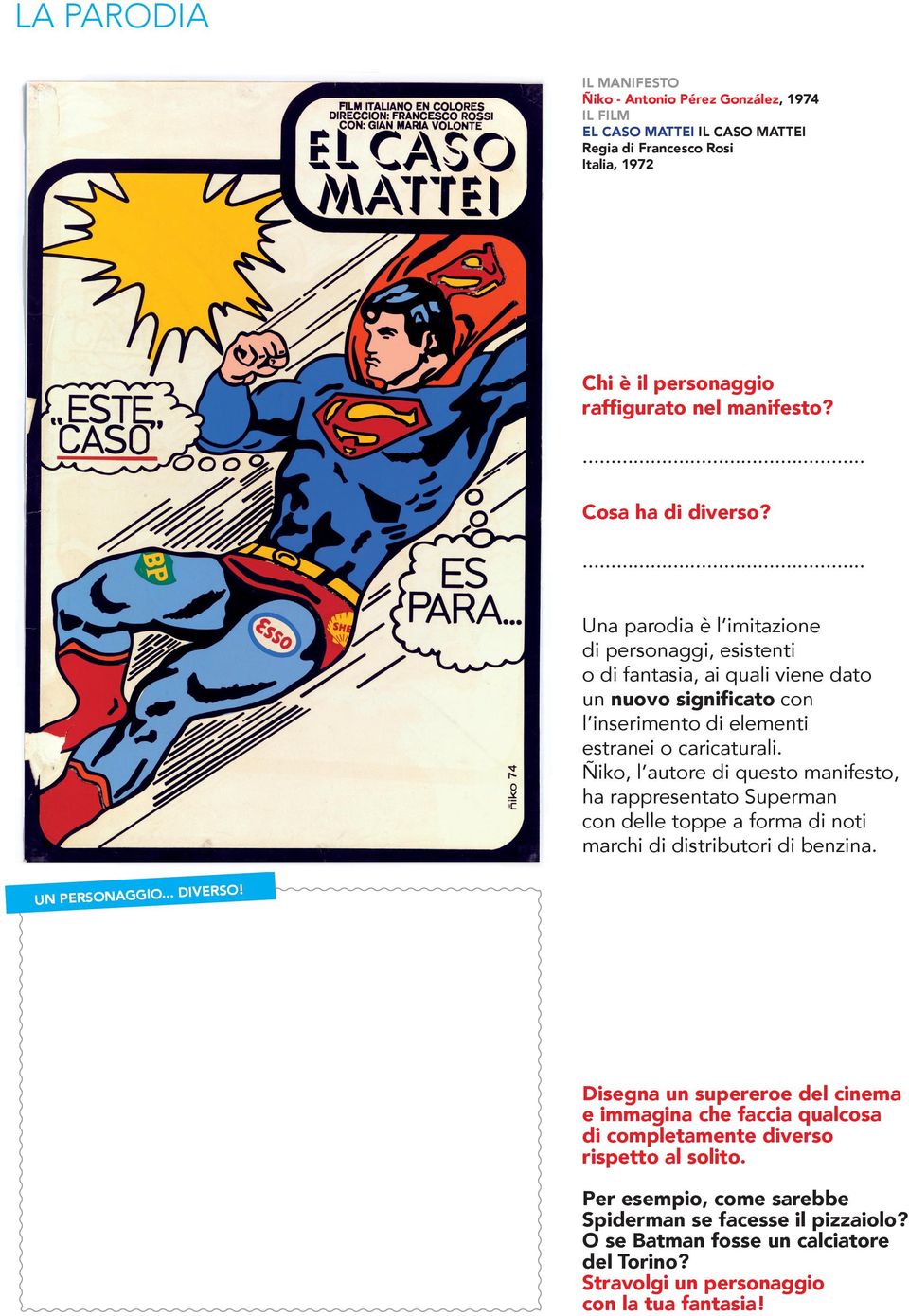 Ñiko, l autore di questo manifesto, ha rappresentato Superman con delle toppe a forma di noti marchi di distributori di benzina. UN PERSONAGGIO... DIVERSO!