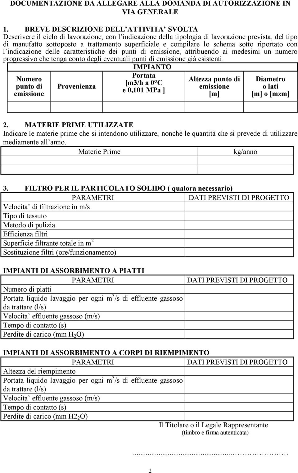 compilare lo schema sotto riportato con l indicazione delle caratteristiche dei punti di emissione, attribuendo ai medesimi un numero progressivo che tenga conto degli eventuali punti di emissione