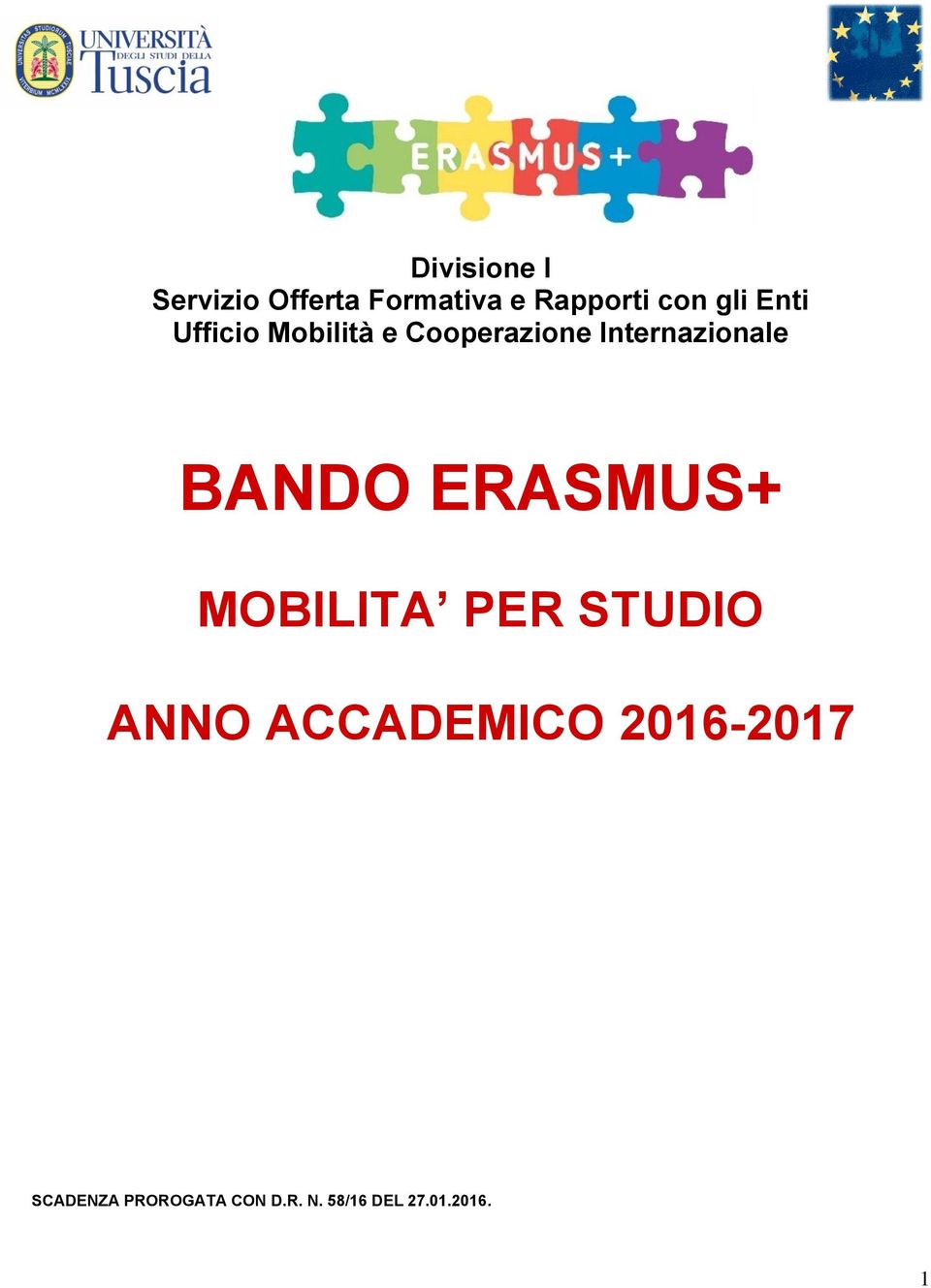 BANDO ERASMUS+ MOBILITA PER STUDIO ANNO ACCADEMICO