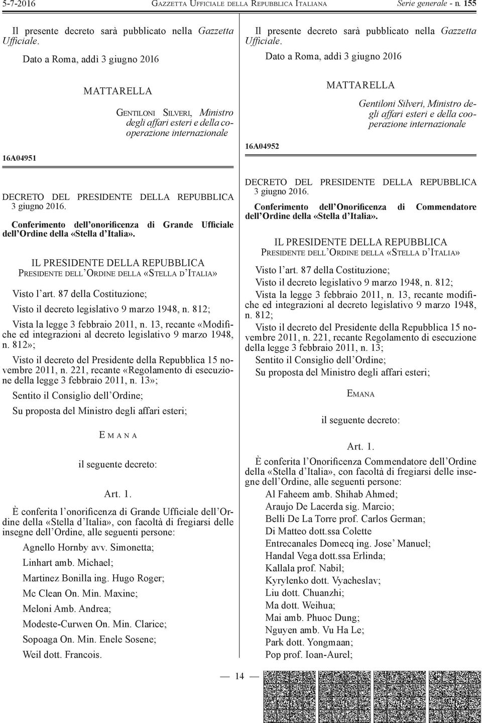 esteri e della cooperazione internazionale DECRETO DEL PRESIDENTE DELLA REPUBBLICA 3 giugno 2016. Conferimento dell onorificenza di Grande Ufficiale dell Ordine della «Stella d Italia».