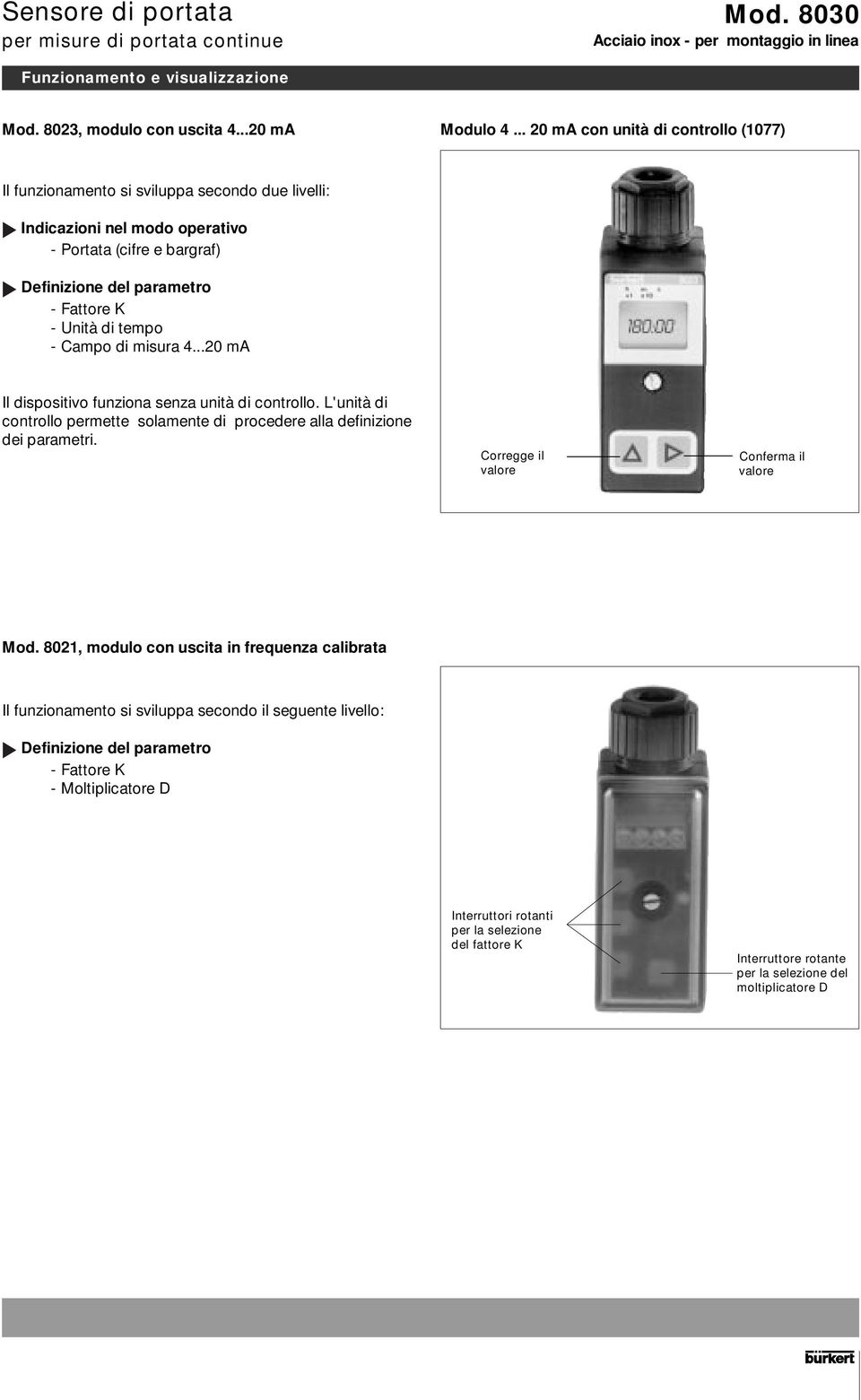 Unità di tempo - Campo di misura 4...20 ma Il dispositivo funziona senza unità di controllo. L'unità di controllo permette solamente di procedere alla definizione dei parametri.