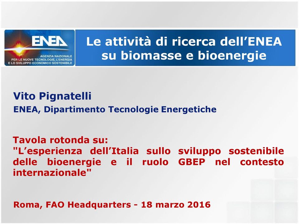 "L esperienza dell Italia sullo sviluppo sostenibile delle bioenergie e