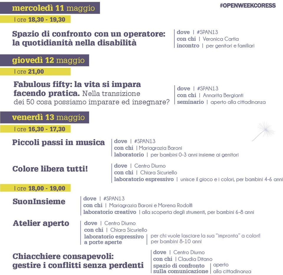 con chi Veronica Cartia incontro per genitori e familiari con chi Annarita Bergianti seminario aperto alla cittadinanza venerdì 13 maggio ore 16,30-17,30 Piccoli passi in musica con chi Mariagrazia