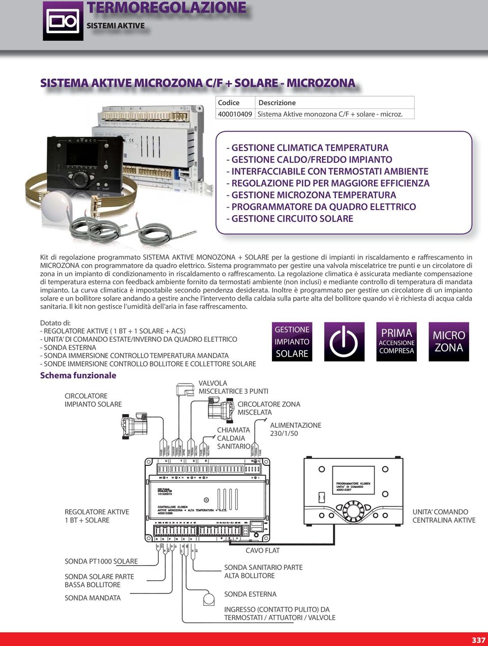 DA QUADRO ELETTRICO - GESTIONE CIRCUITO SOLARE Kit di regolazione programmato SISTEMA AKTIVE MONOZONA + SOLARE per la gestione di impianti in riscaldamento e raffrescamento in MICROZONA con