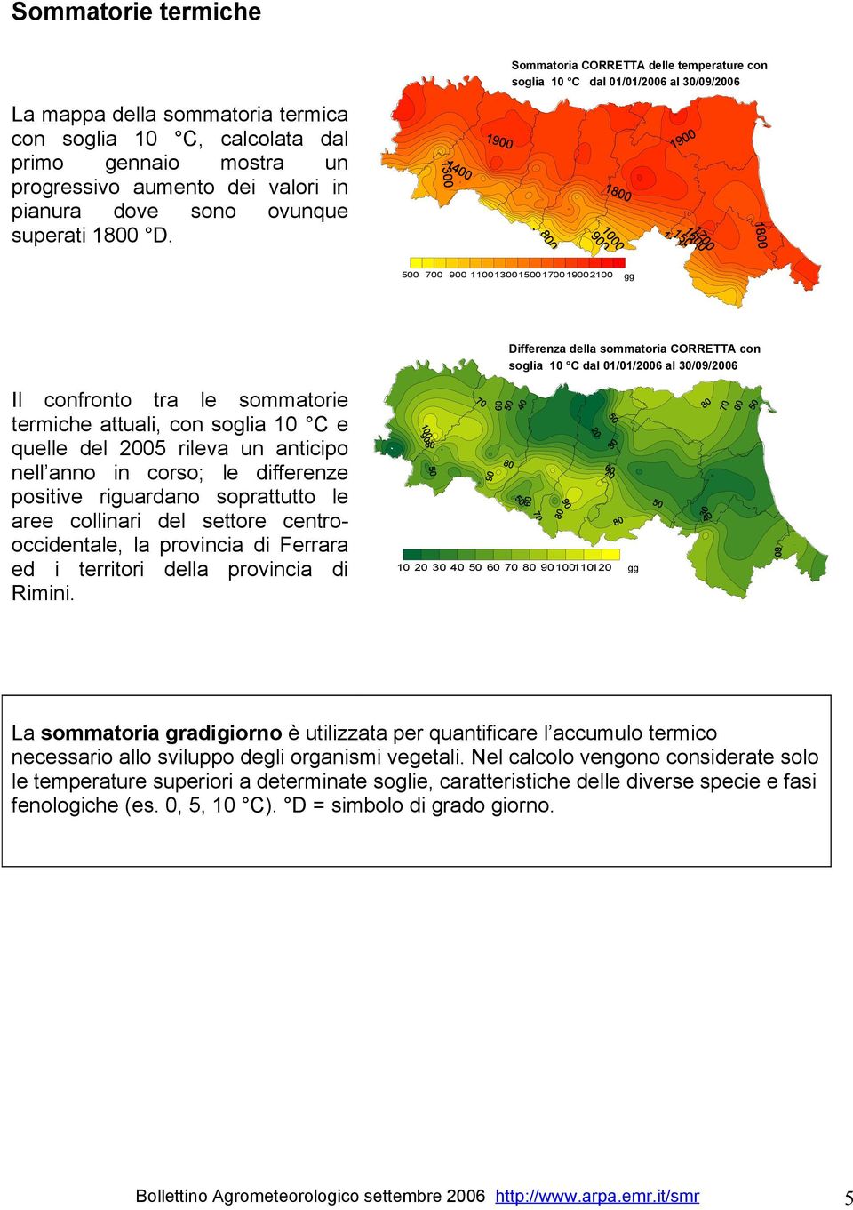 500 700 900 110013001500170019002100 gg Differenza della sommatoria CORRETTA con soglia 10 C dal 01/01/2006 al 30/09/2006 Il confronto tra le sommatorie termiche attuali, con soglia 10 C e quelle del