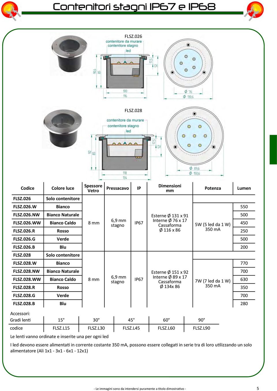 026.G Verde 500 FLSZ.026.B Blu 200 FLSZ.028 FLSZ.028.W Solo contenitore Bianco FLSZ.028.NW Bianco Naturale Esterne Ø 151 x 92 700 FLSZ.028.WW Bianco Caldo 8 6,9 Interne Ø 89 x 17 Cassaforma 7W (7 led da 1 W) 630 FLSZ.