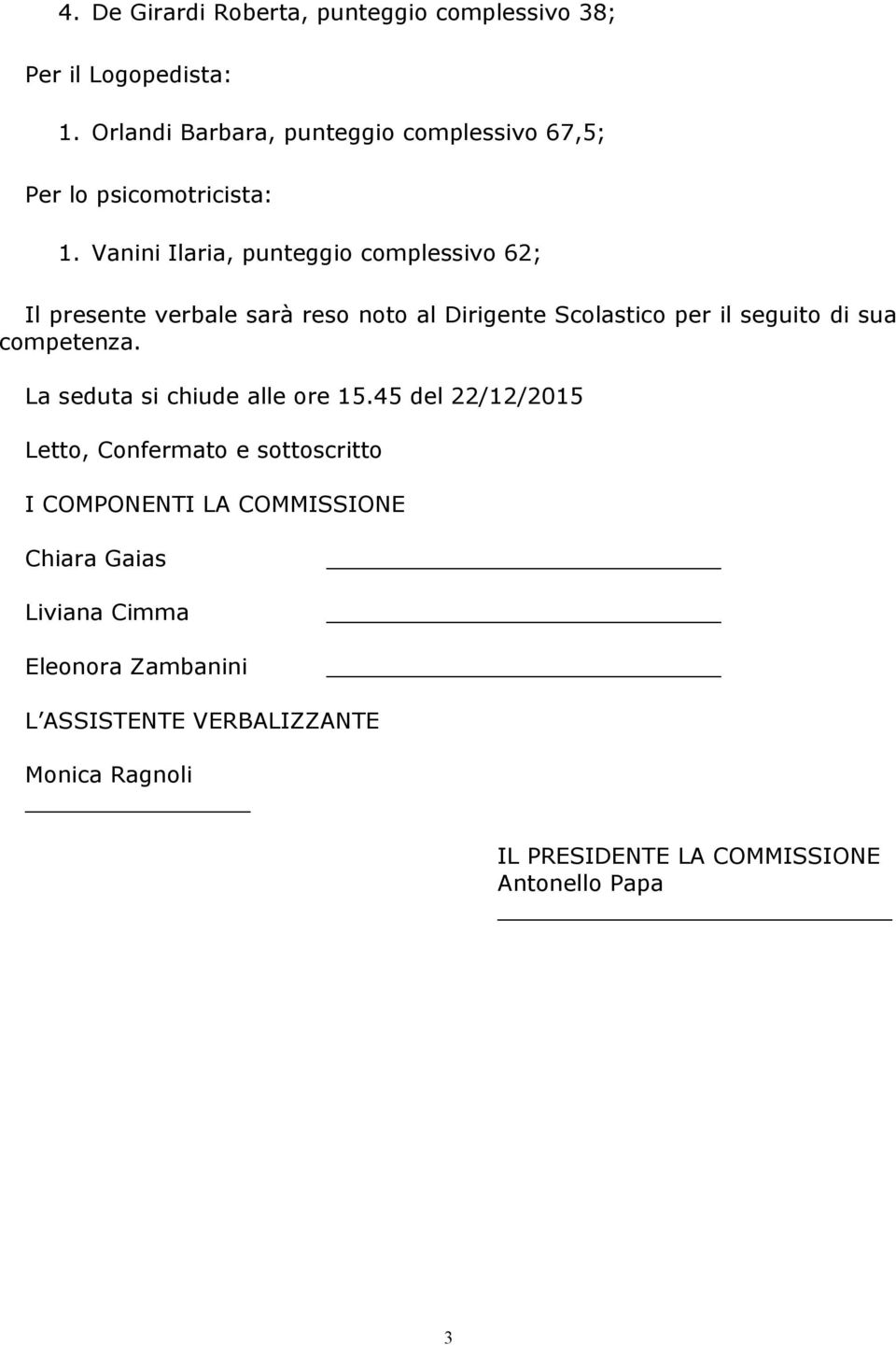 Vanini Ilaria, punteggio complessivo 62; Il presente verbale sarà reso noto al Dirigente Scolastico per il seguito di sua