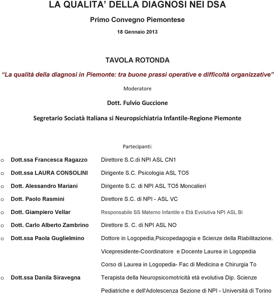 C. Psicologia ASL TO5 Dirigente S.C. di NPI ASL TO5 Moncalieri Direttore S.C. di NPI - ASL VC Responsabile SS Materno Infantile e Età Evolutiva NPI ASL Bi Direttore S. C.