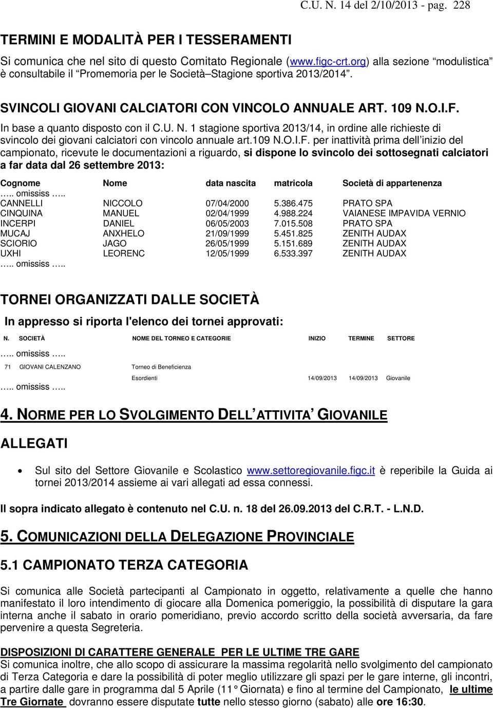 In base a quanto disposto con il C.U. N. 1 stagione sportiva 2013/14, in ordine alle richieste di svincolo dei giovani calciatori con vincolo annuale art.109 N.O.I.F.