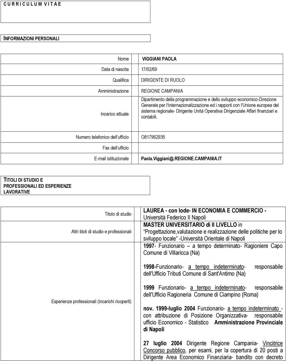 finanziari e contabili. Numero telefonico dell ufficio O817962935 Fax dell ufficio E-mail istituzionale Paola.Viggiani@.REGIONE.CAMPANIA.