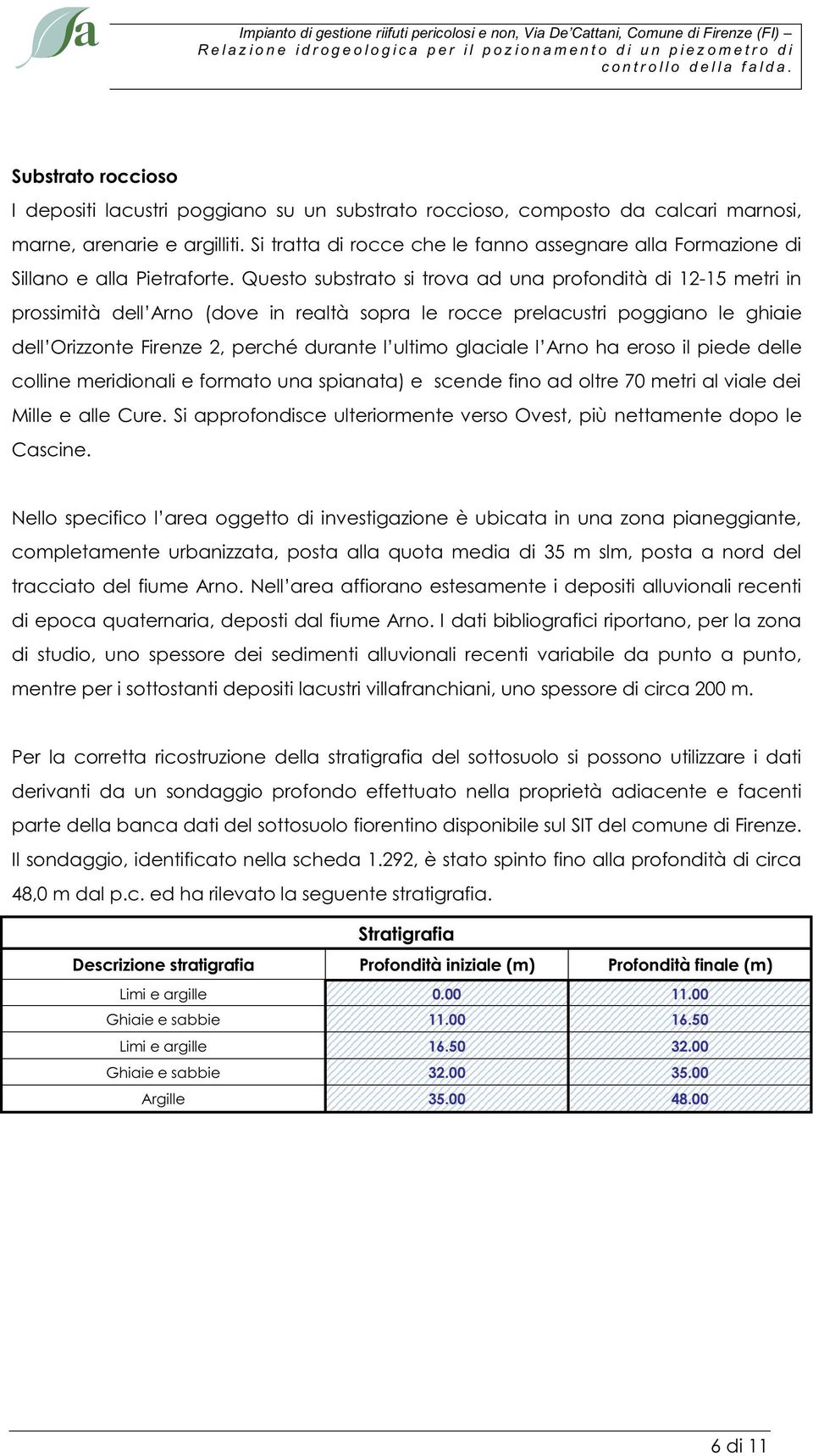 Questo substrato si trova ad una profondità di 12-15 metri in prossimità dell Arno (dove in realtà sopra le rocce prelacustri poggiano le ghiaie dell Orizzonte Firenze 2, perché durante l ultimo