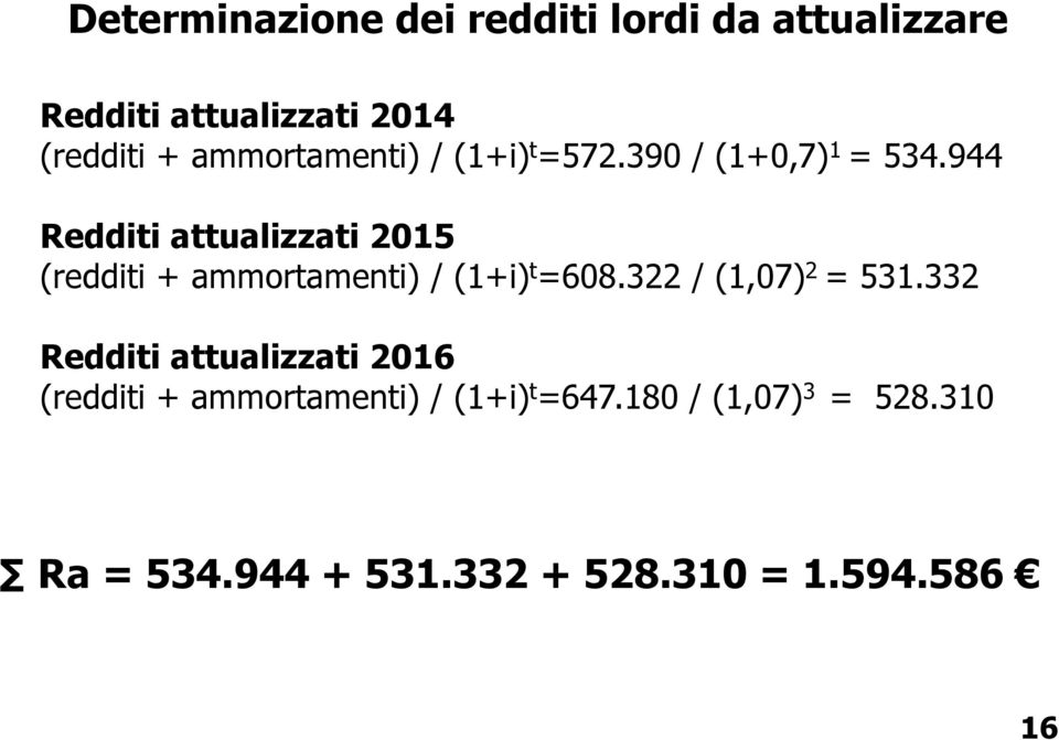 944 Redditi attualizzati 2015 (redditi + ammortamenti) / (1+i) t =608.322 / (1,07) 2 = 531.
