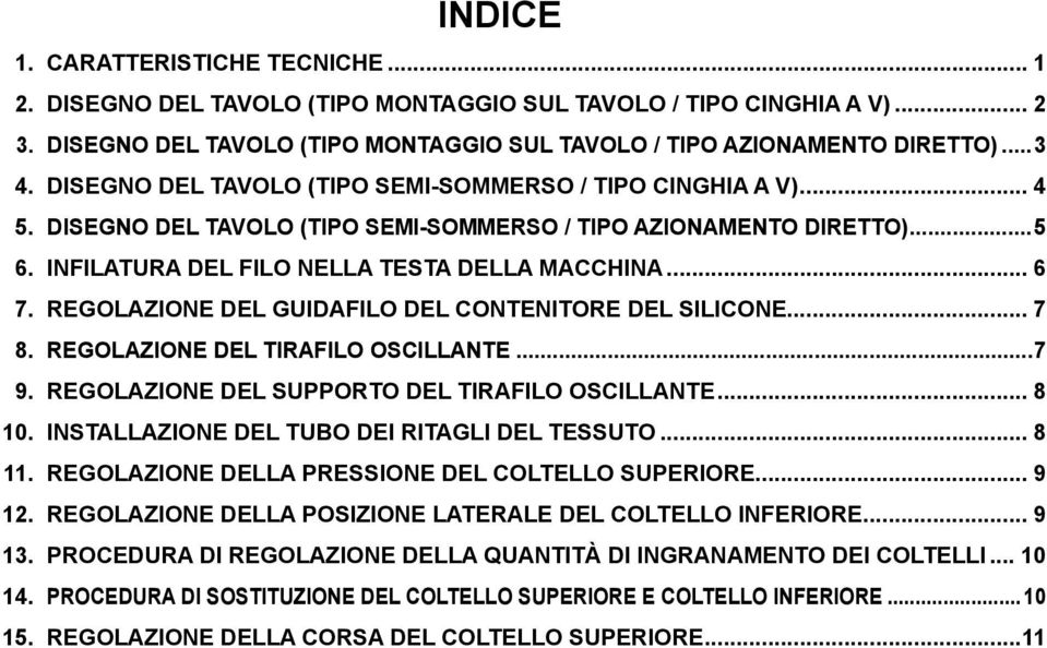 REGOLZIONE DEL GUIDFILO DEL ONTENITORE DEL SILIONE... 7 8. REGOLZIONE DEL TIRFILO OSILLNTE...7 9. REGOLZIONE DEL SUPPORTO DEL TIRFILO OSILLNTE... 8 10. INSTLLZIONE DEL TUO DEI RITGLI DEL TESSUTO.