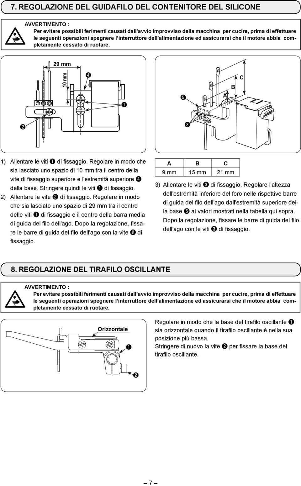 2) llentare la vite di fissaggio. Regolare in modo che sia lasciato uno spazio di 29 mm tra il centro delle viti di fissaggio e il centro della barra media di guida del filo dell'ago.