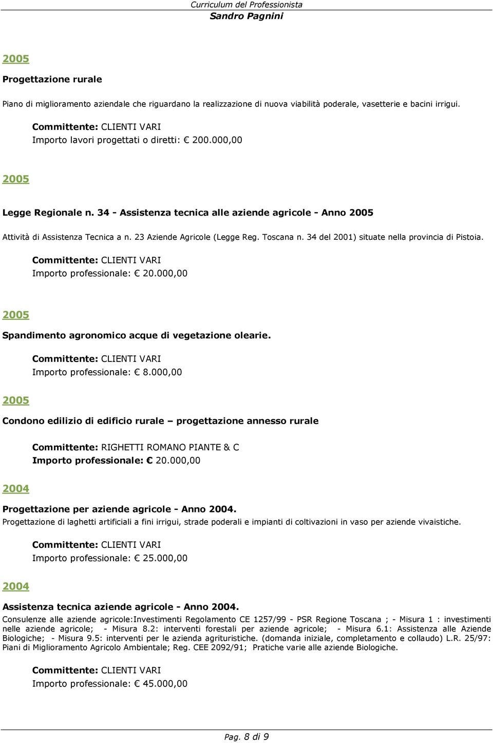 34 del 2001) situate nella provincia di Pistoia. Spandimento agronomico acque di vegetazione olearie. Importo professionale: 8.