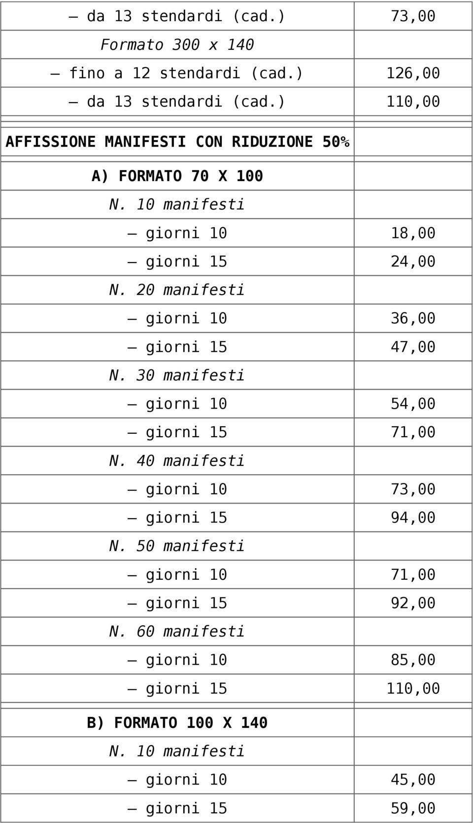 20 manifesti giorni 10 36,00 giorni 15 47,00 N. 30 manifesti giorni 10 54,00 giorni 15 71,00 N.