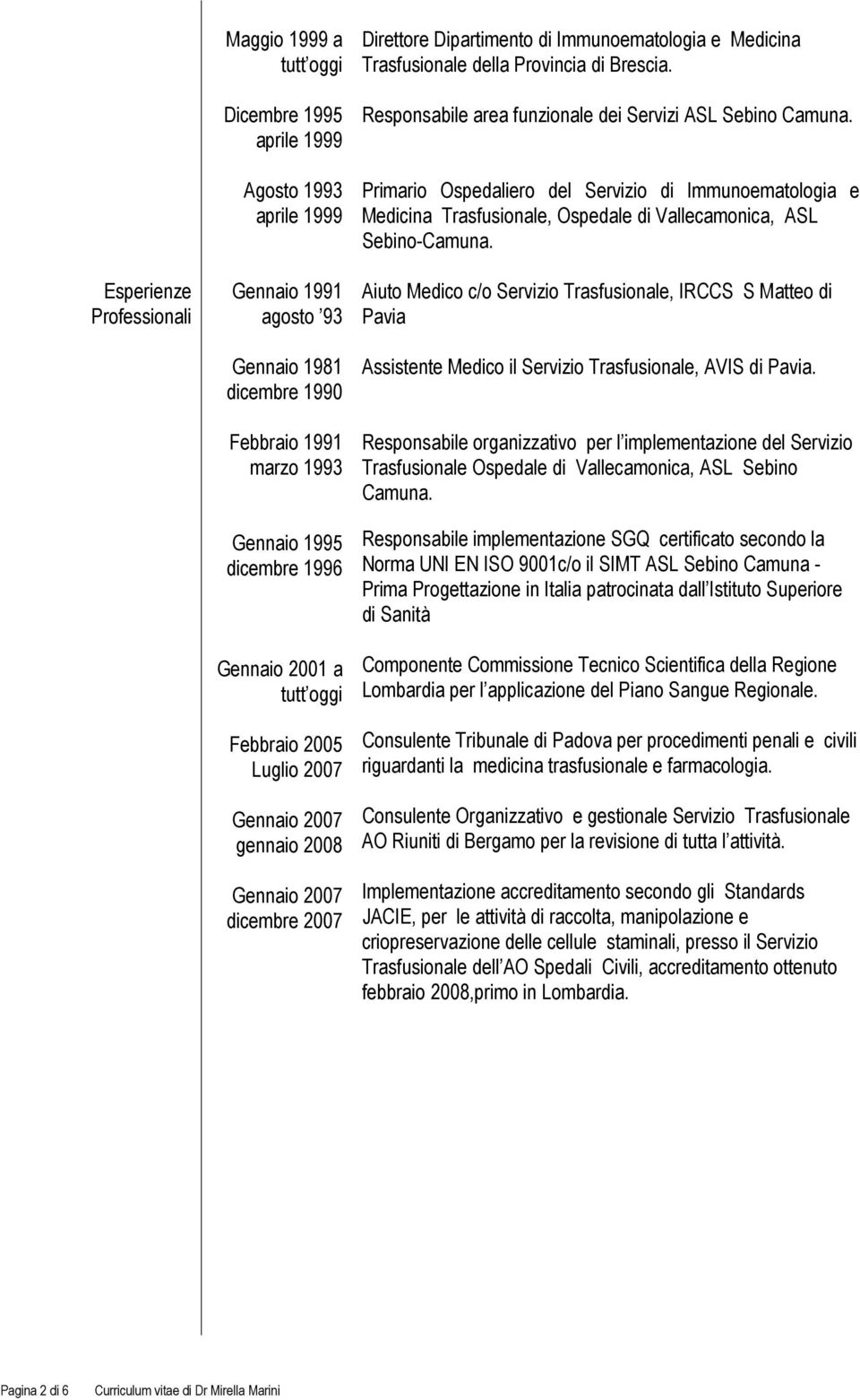 Responsabile area funzionale dei Servizi ASL Sebino Camuna. Primario Ospedaliero del Servizio di Immunoematologia e Medicina Trasfusionale, Ospedale di Vallecamonica, ASL Sebino-Camuna.