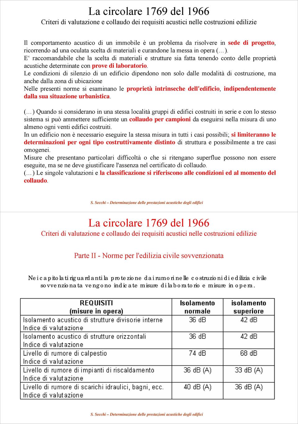 E raccomandabile che la scelta di materiali e strutture sia fatta tenendo conto delle proprietà acustiche determinate con prove di laboratorio.