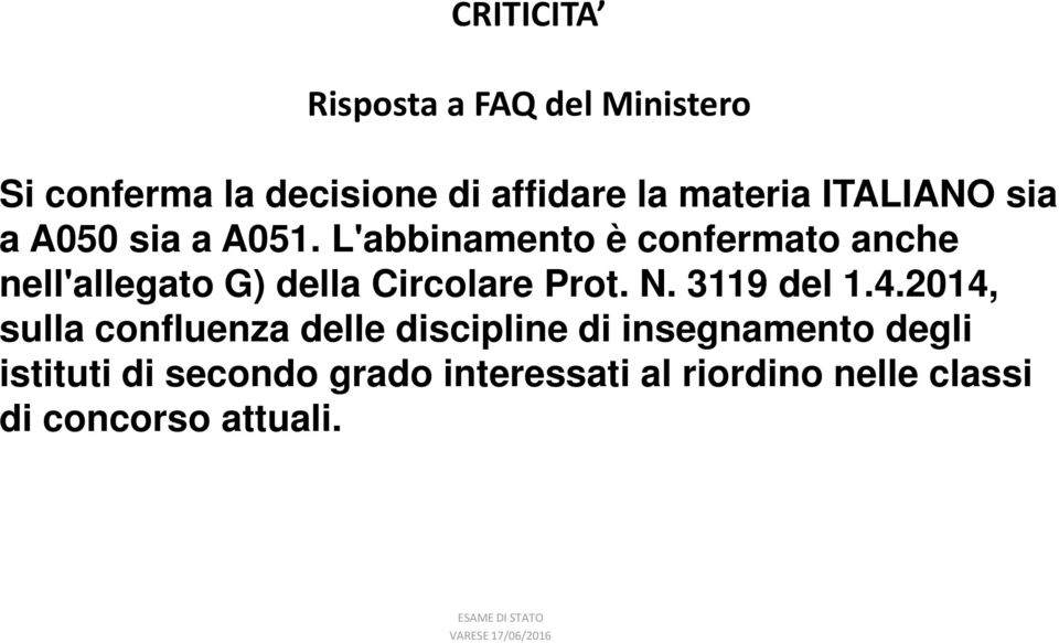 L'abbinamento è confermato anche nell'allegato G) della Circolare Prot. N. 3119 del 1.4.