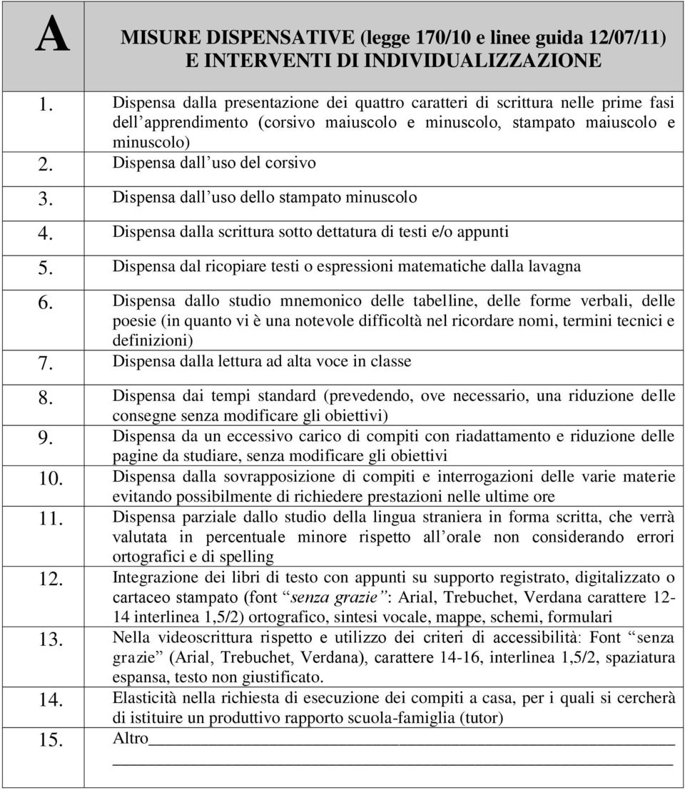 Dispensa dall uso dello stampato minuscolo 4. Dispensa dalla scrittura sotto dettatura di testi e/o appunti 5. Dispensa dal ricopiare testi o espressioni matematiche dalla lavagna 6.