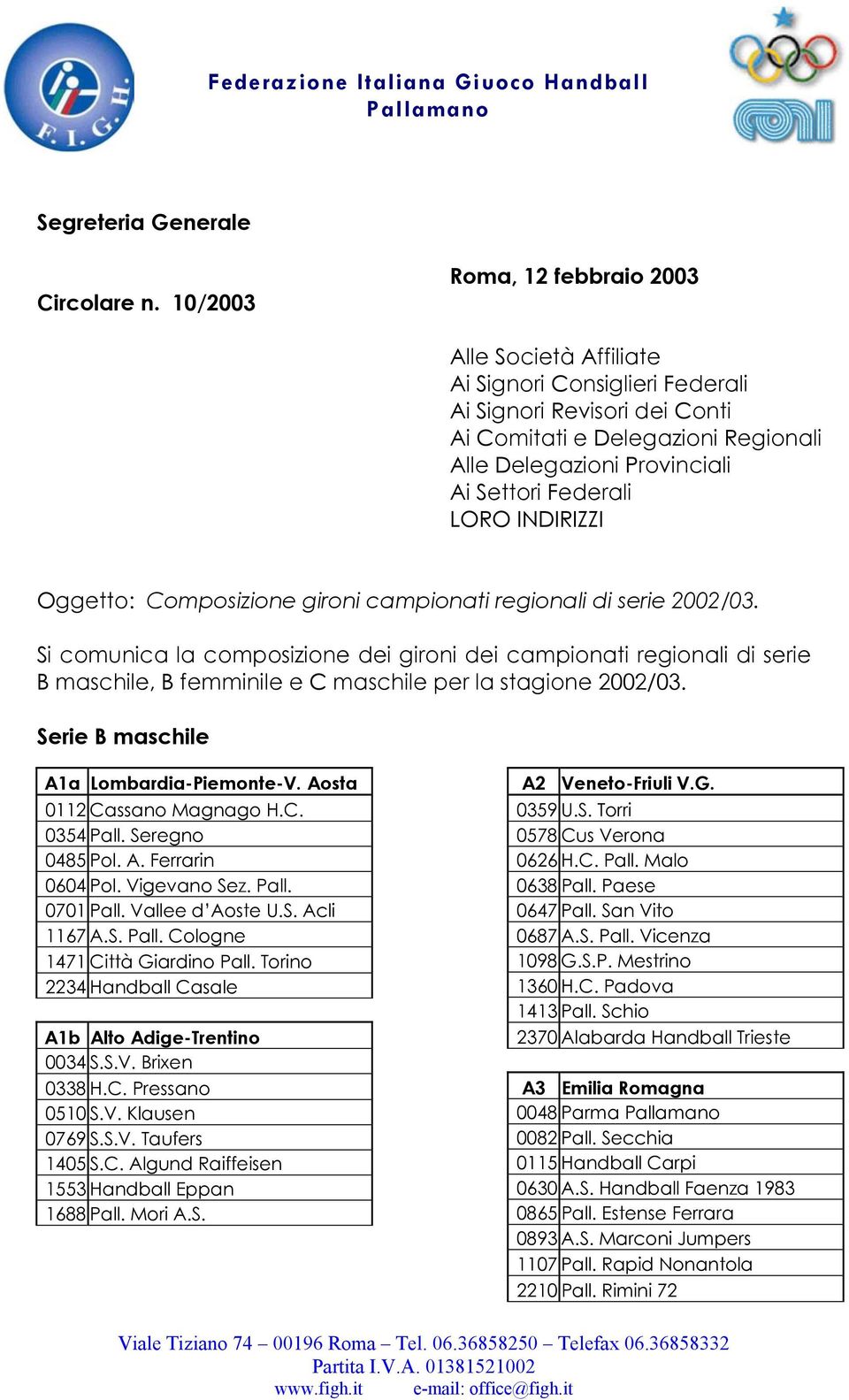 Federali LORO INDIRIZZI Oggetto: Composizione gironi campionati regionali di serie 2002/03.