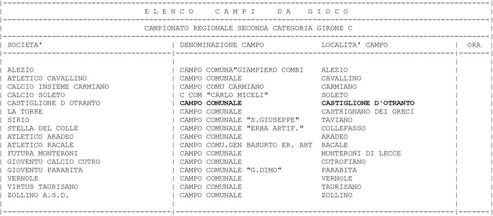 COMUNALE CASTRIGNANO DEI GRECI CAMPO COMUNALE "S.GIUSEPPE" TAVIANO CAMPO COMUNALE "ERBA ARTIF." COLLEPASSO CAMPO COMUNALE ARADEO CAMPO COMU.