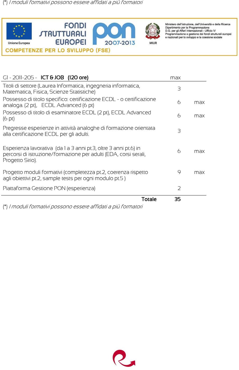 (2 pt), ECDL Advanced (6 pt) Pssess di titl di esaminatre ECDL (2 pt), ECDL Advanced (6 pt) Pregresse esperienze in attività analghe di frmazine rientata alla certificazine ECDL per gli adulti.