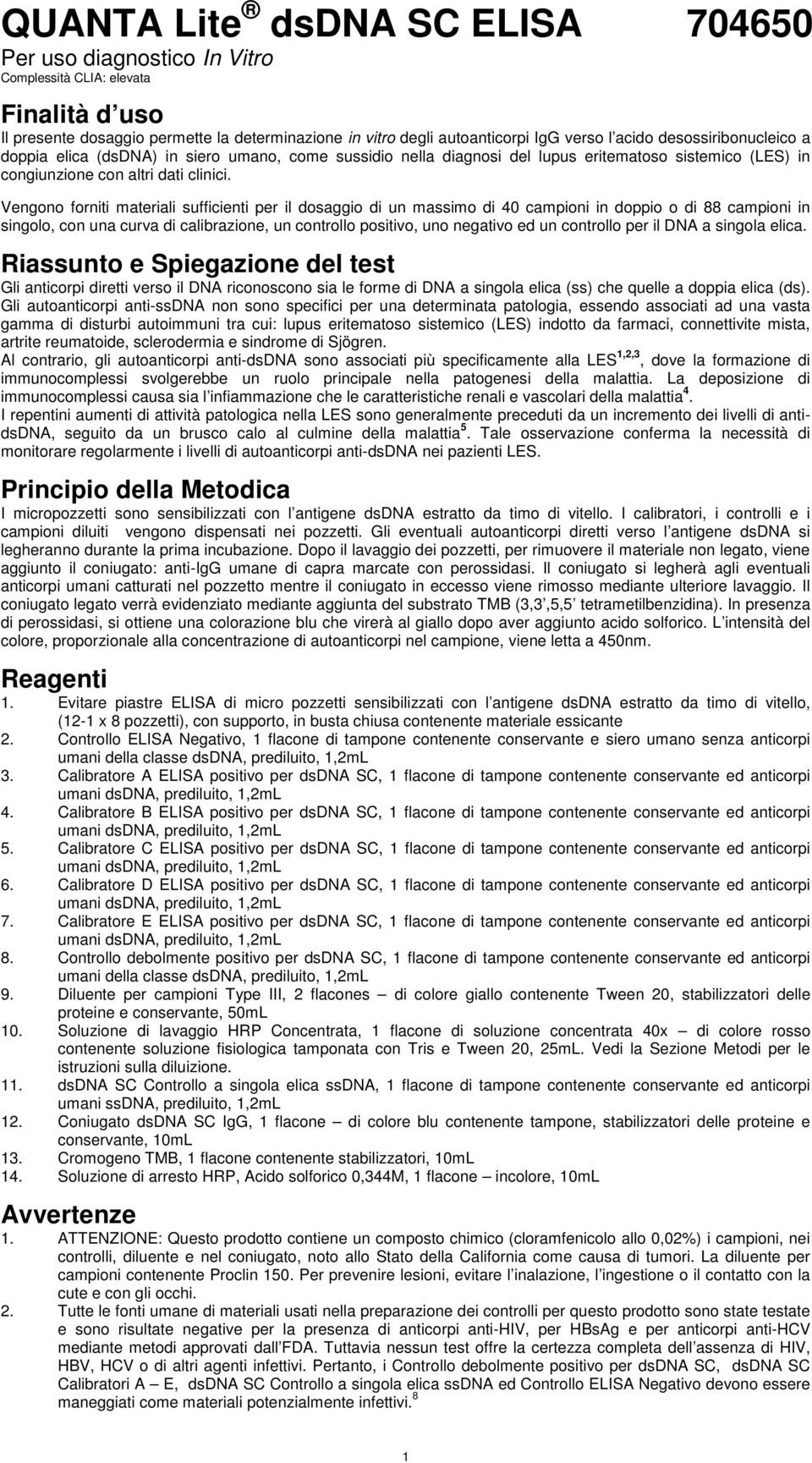 Vengono forniti materiali sufficienti per il dosaggio di un massimo di 40 campioni in doppio o di 88 campioni in singolo, con una curva di calibrazione, un controllo positivo, uno negativo ed un