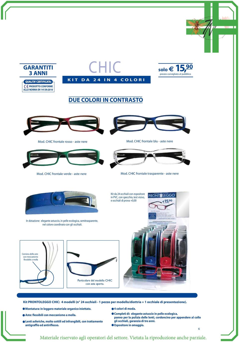 CHIC frontale trasparente - aste nere Kit da 24 occhiali con espositore in PVC, con specchio, test visivo, In dotazione: elegante astuccio, in pelle ecologica, semitrasparente,
