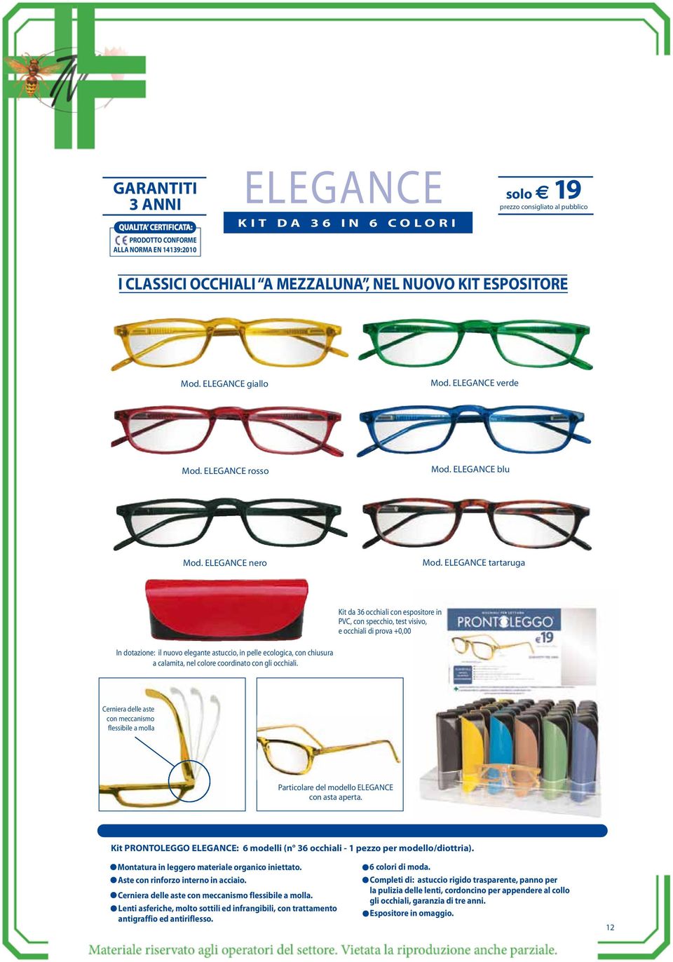 ELEGANCE tartaruga Kit da 36 occhiali con espositore in PVC, con specchio, test visivo, In dotazione: il nuovo elegante astuccio, in pelle ecologica, con chiusura a calamita, Particolare